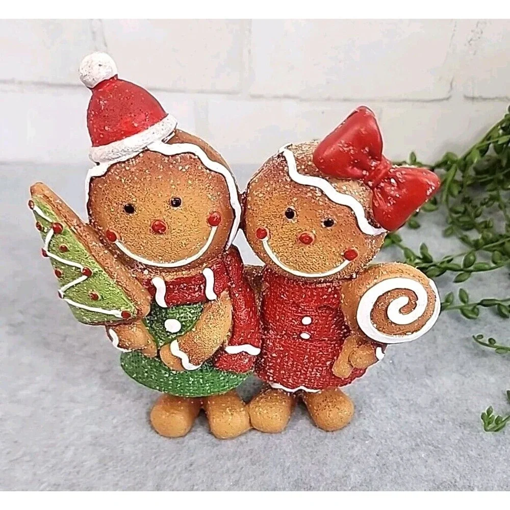 Gingerbread Couple Figurine Christmas Resin Peppermint Candy Tabletop Decor 7" - Picture 2 of 7